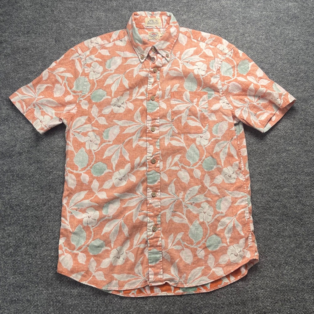 Faherty The Breeze Shirt Mens Small Orange Floral Linen Tencel Short Sleeve